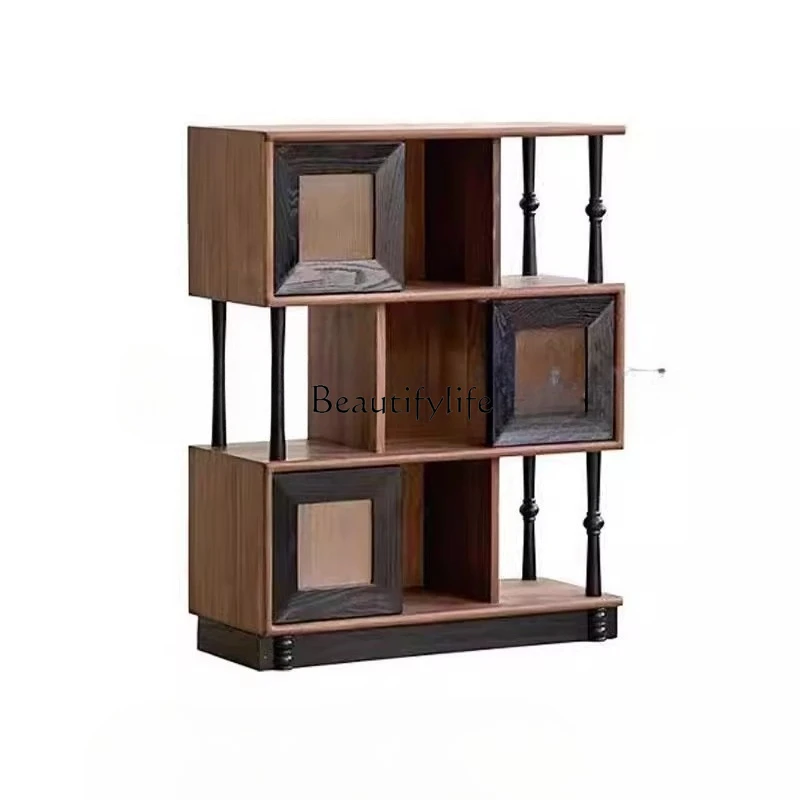 

French retro solid wood bookshelf, living room floor-to-ceiling integrated wall, home study multi-layer shelf