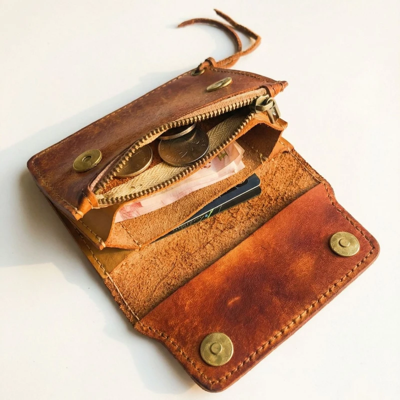 Handmade Genuine Leather Card Holder, Brand Vintage Slim Wallet with Zipper & Snap Closure,Multi-Card Slots Coin Purse for Men