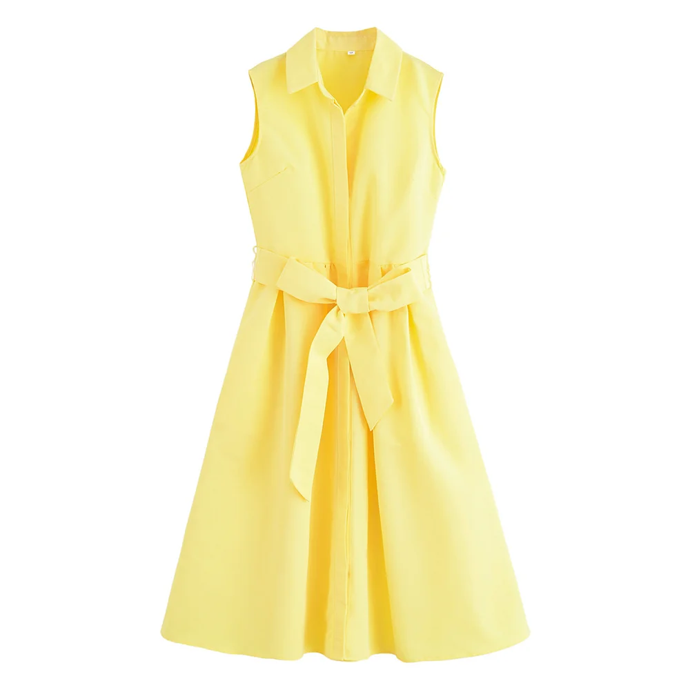 

Teen Girls Dress 2025 New Fashion Summer Belted Lapels Sleeveless Shirt Dresses for Girl Chic Ladylike Girl Dress 15-18 Years
