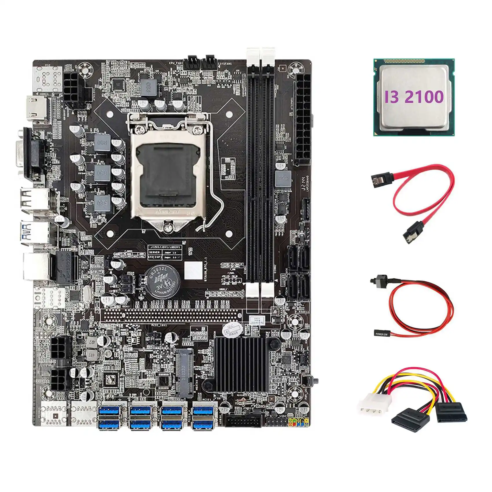 

B75 ETH Mining Motherboard 8XPCIE to USB+I3 2100 CPU+4PIN to SATA Cable+SATA Cable+Switch Cable LGA1155 Motherboard