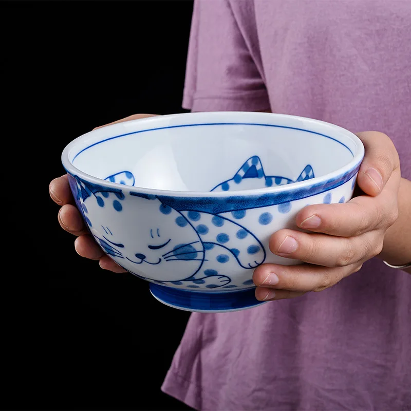 

Japanese Ceramic Tableware Ware Japanese Cute Cat Patterned Rice Noodle Bowl Plate Under-glaze Craft