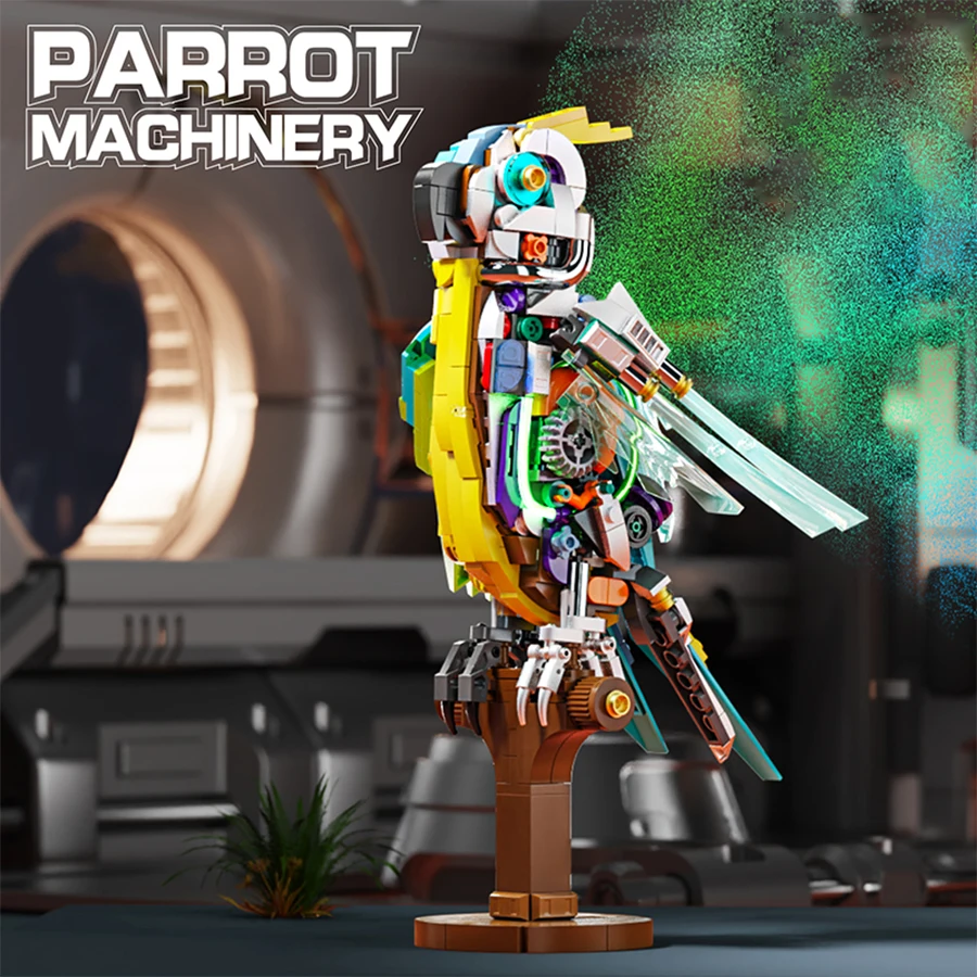 

Creative Semi Mechanical Parrot Simulation Animal Model Building Blocks MOC Assembly Puzzle Decor Toys With Lights For Kids Gift