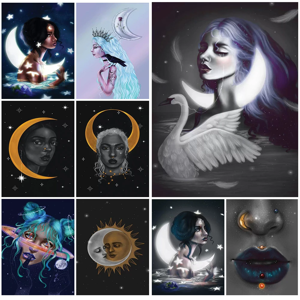 

Moon Goddess Girl Swan Woman Abstract Poster Wall Art Canvas Painting Prints Home Decor Wall Pictures For Living Room Unframed