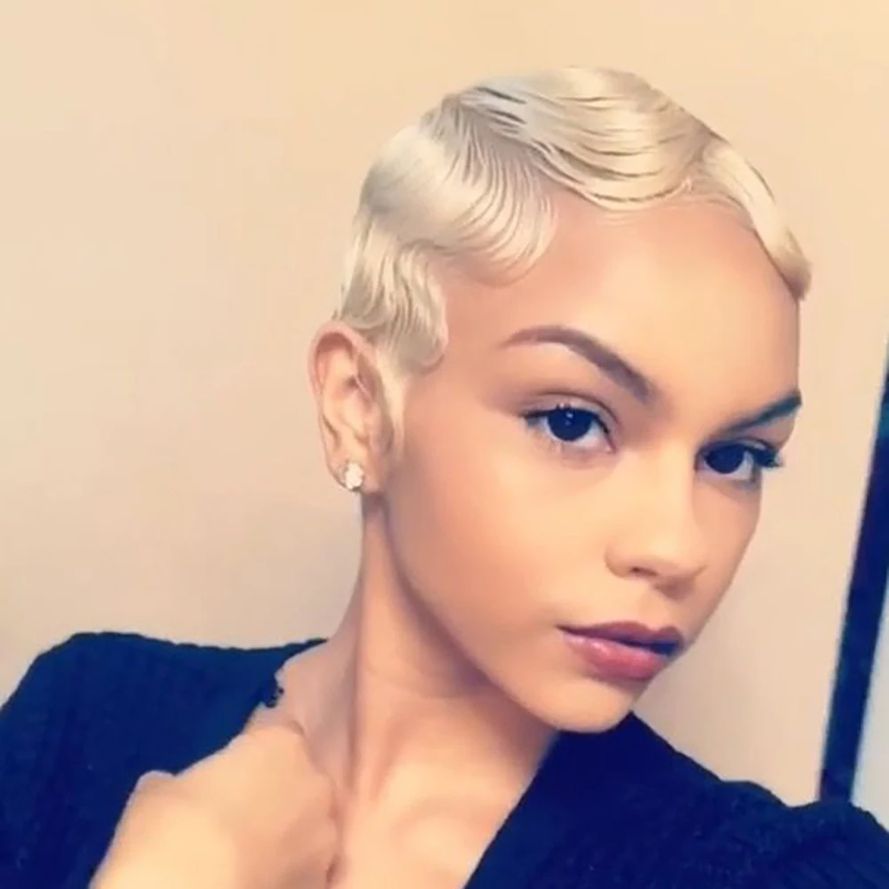 Блондинка с волнистыми пальцами, короткий парик из натуральных волос для женщин, полностью машинная кепка, блондинка цвета, парик из 100% человеческих волос, повседневная вечеринка, косплей