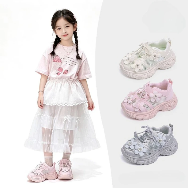 

JGSHOWKITO Children's Mesh Chunky Sneakers Running Toddler Flower Breathable Girls Non-slip Sneakers Kids School Sports Shoes