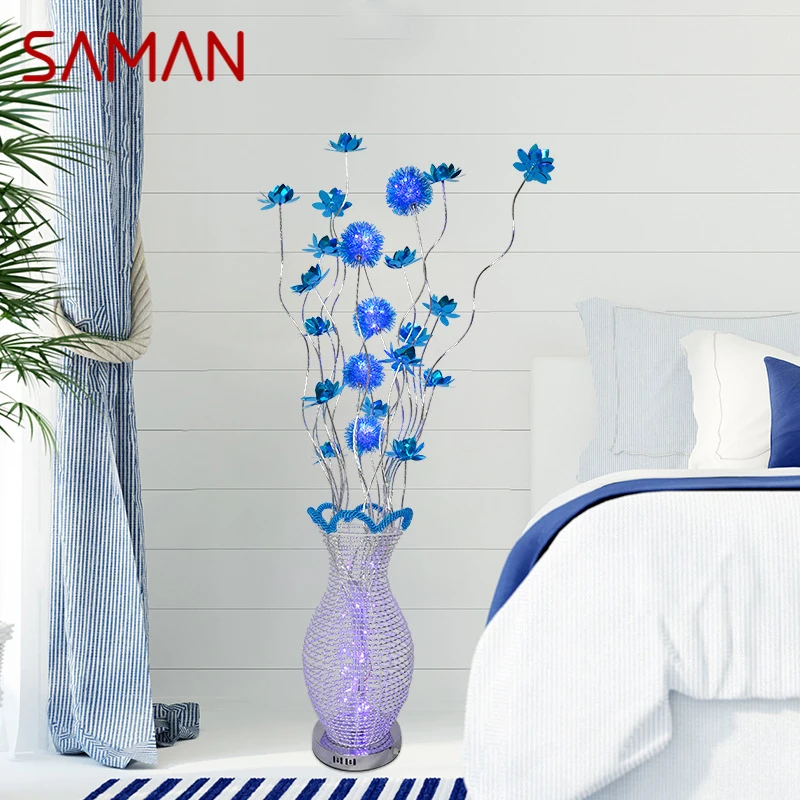 SAMAN Nordic Blue Floor Lamp Modern Art Living Room Bedroom Hotel  Aluminum Wire LED Originality Flower Decorative Light