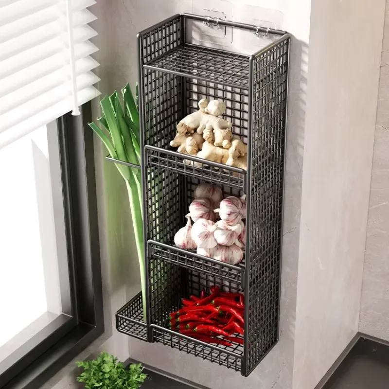 Stainless Steel Wall Mounted Multi Layer Vegetable Rack Onion Ginger Garlic Storage Holder No Punching Design