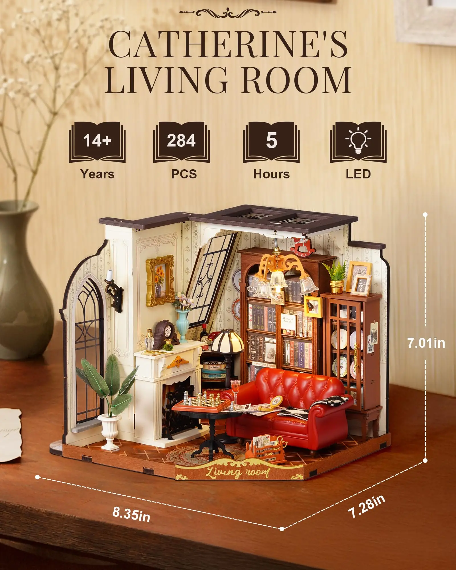 Robotime Rolife DIY ห้องนั่งเล่นของ Catherine บ้านตุ๊กตาพร้อมเฟอร์นิเจอร์บ้านตุ๊กตาจิ๋วชุดไม้ของเล่นสําหรับเด็กผู้ใหญ่