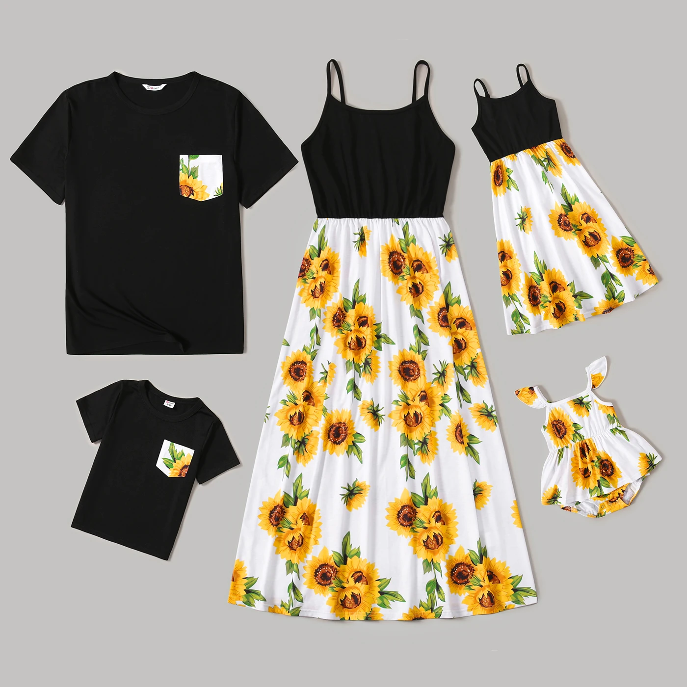 

PatPat Family Matching Solid Spaghetti Strap Splicing Sunflower Floral Print Dresses and Short-sleeve T-shirts Sets