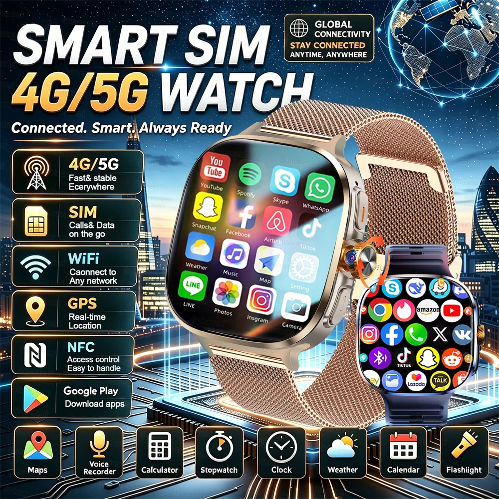 Новые смарт-часы 2026 года с поддержкой 5G/4G SIM-карты, быстрым интернетом, поворотной камерой, 32 ГБ ROM, NFC, GPS, Wi-Fi, голосовыми вызовами, Google Play и функцией смарт-браслета