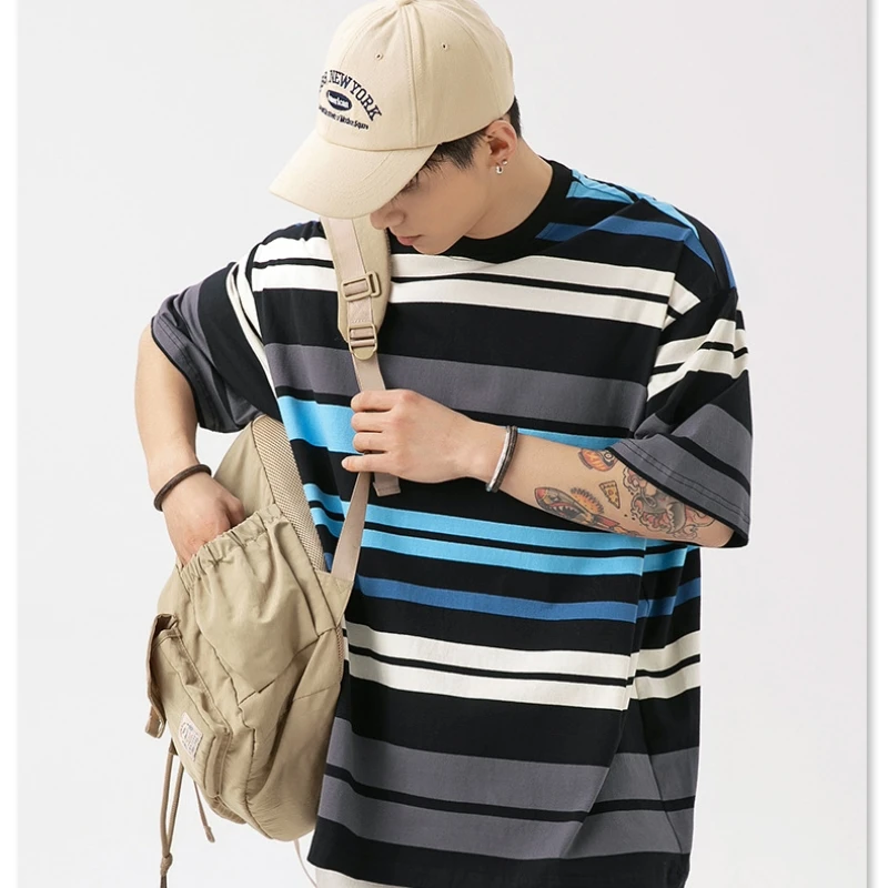 

Clashing Patchwork Colorful Stripe T-shirt Men's Summer Retro Casual Texture Short Sleeve Body Shirt Soft