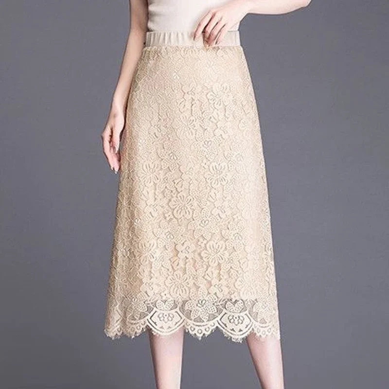 

Spring Summer New Mid Length High Waist A-line Dress Solid Color Loose All-match Lace Skirts Elegant Fashion Women Clothing