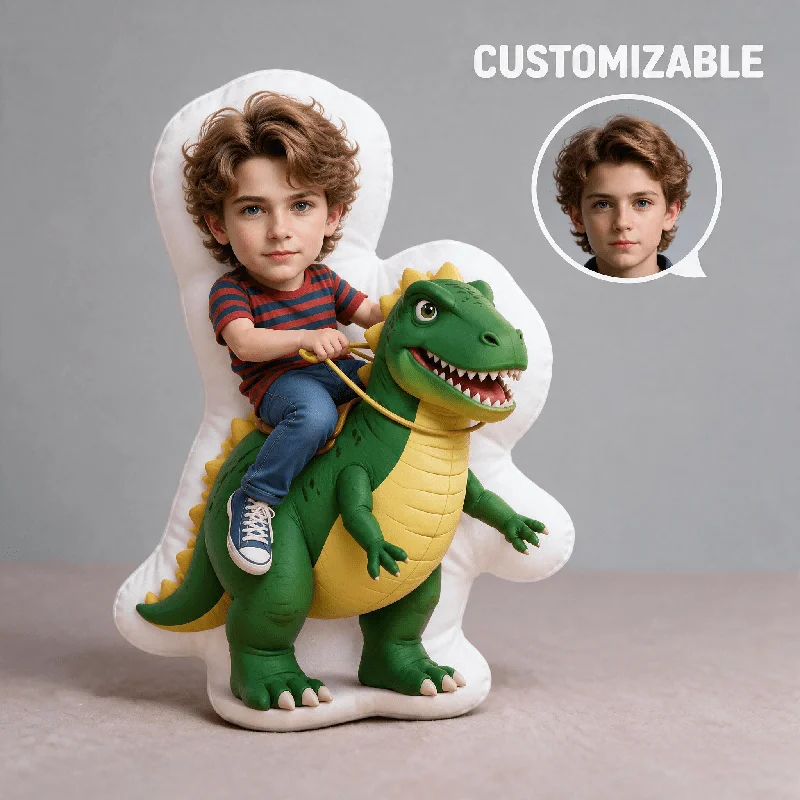 Personalized Photo & Dinosaur Rider Pillow - Custom Photo Cushion with Your Own Picture, Suitable for Sofa Bed Decor, Memory Gif