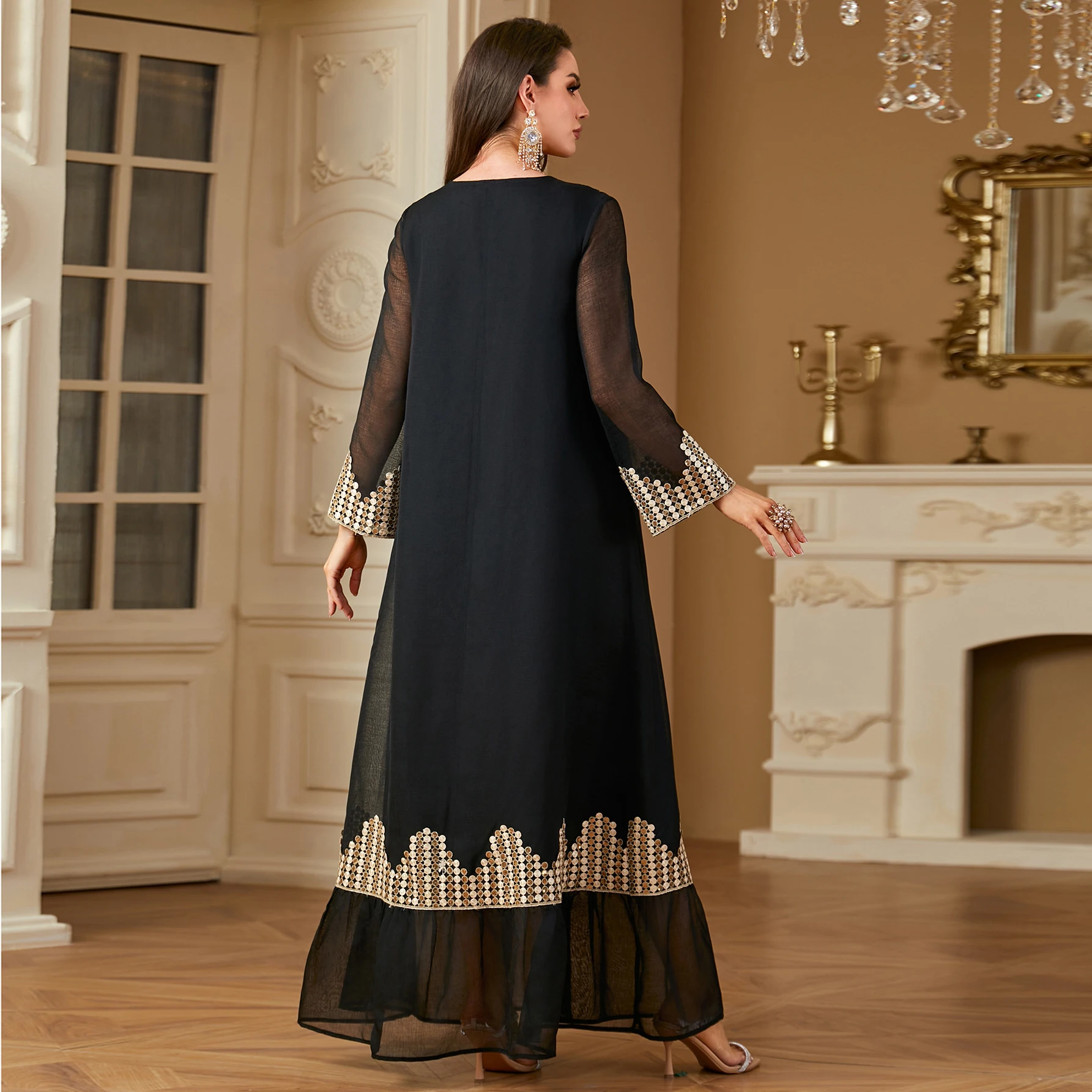 UNI Eid Party Abito musulmano Donna Abaya Elegante Maxi Jalabiya Ricamo Maglia Paillettes Marocco Caftano Turchia Arabo Abito lungo Dres