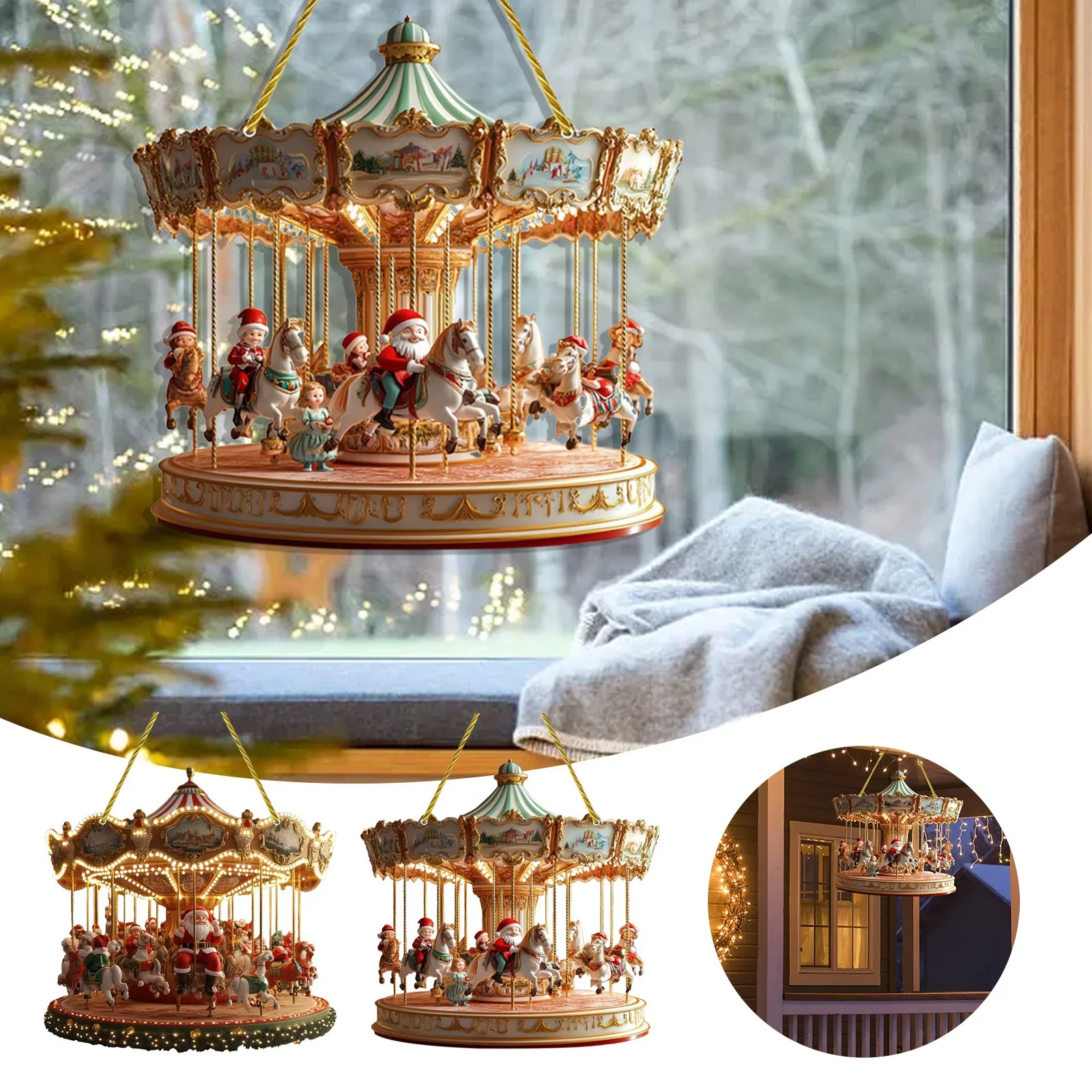 2D Santa Carousel Christmas Hanging Ornament Scene Traditional Festive Decoration Merry-Go-Round Christmas Ornaments Xmas Decor