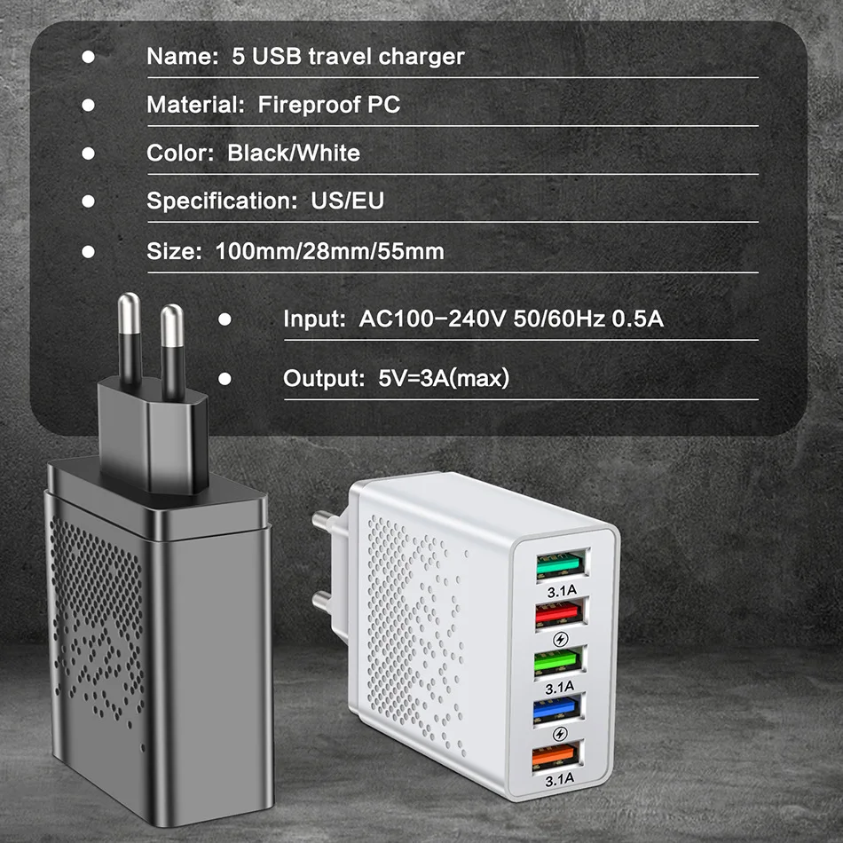 68W 5 Ports USB Charger Quick Charge EU/US Plug Wall Charger Fast Charging For IPhone Samsung Xiaomi Huawei Phone Charge Adapter