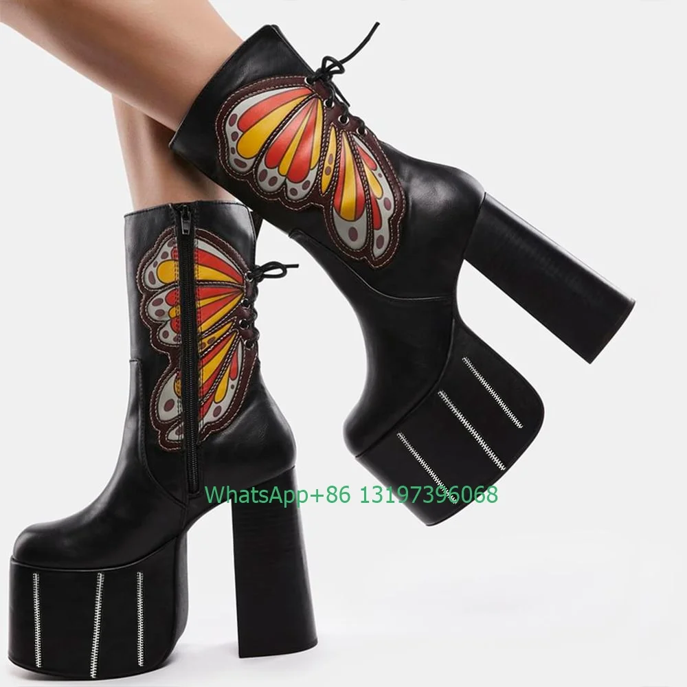 

Lady Black Leather Y2K Style Boots Butterfly Print Platform Chunky Heels Sexy Black Punk Mary Jane Design Calf PU Boots Size 46