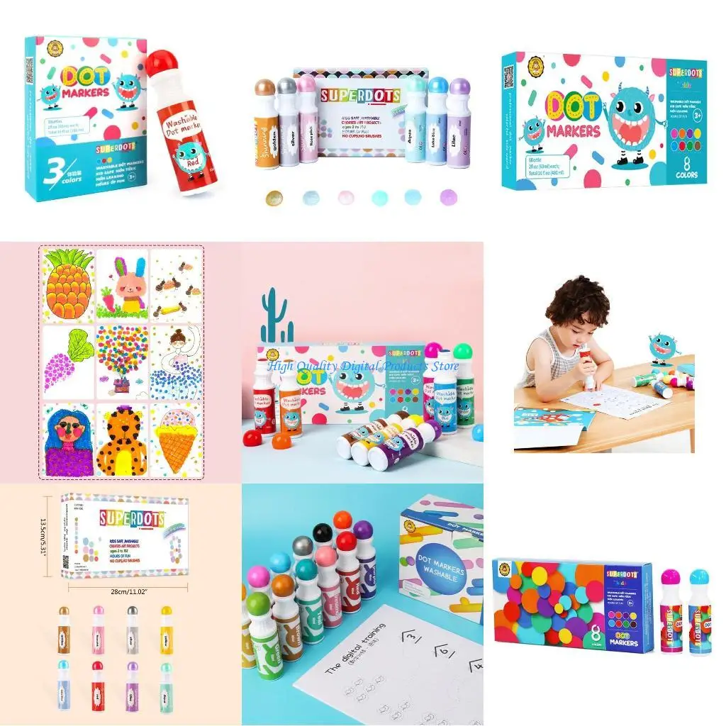 

U2JE Washable Dot Marker Mixed Colors 3/6/8/10Colors Toddler Dot Marker Pens Comfortable Grip Easy to Color for Kid Coloring