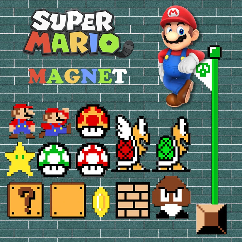 1PCS Sale Super Mario Flat Magnet Pixel Wind Lovely Cartoon Anime Figure Classics Game Decoration Magnets Souvenir X-mas Gifts