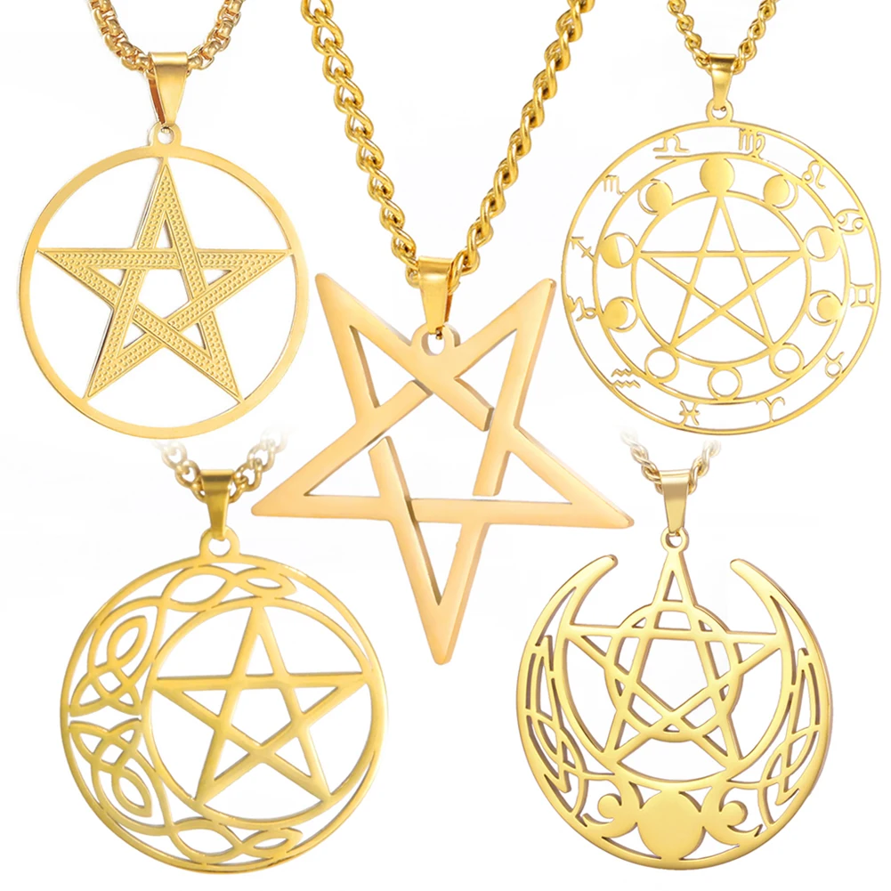 Dawapara Vintage Interted Pentagram Pentacle Pendant Necklace Crescent Moon Phase Wiccan Amulet Stainless Steel Necklace