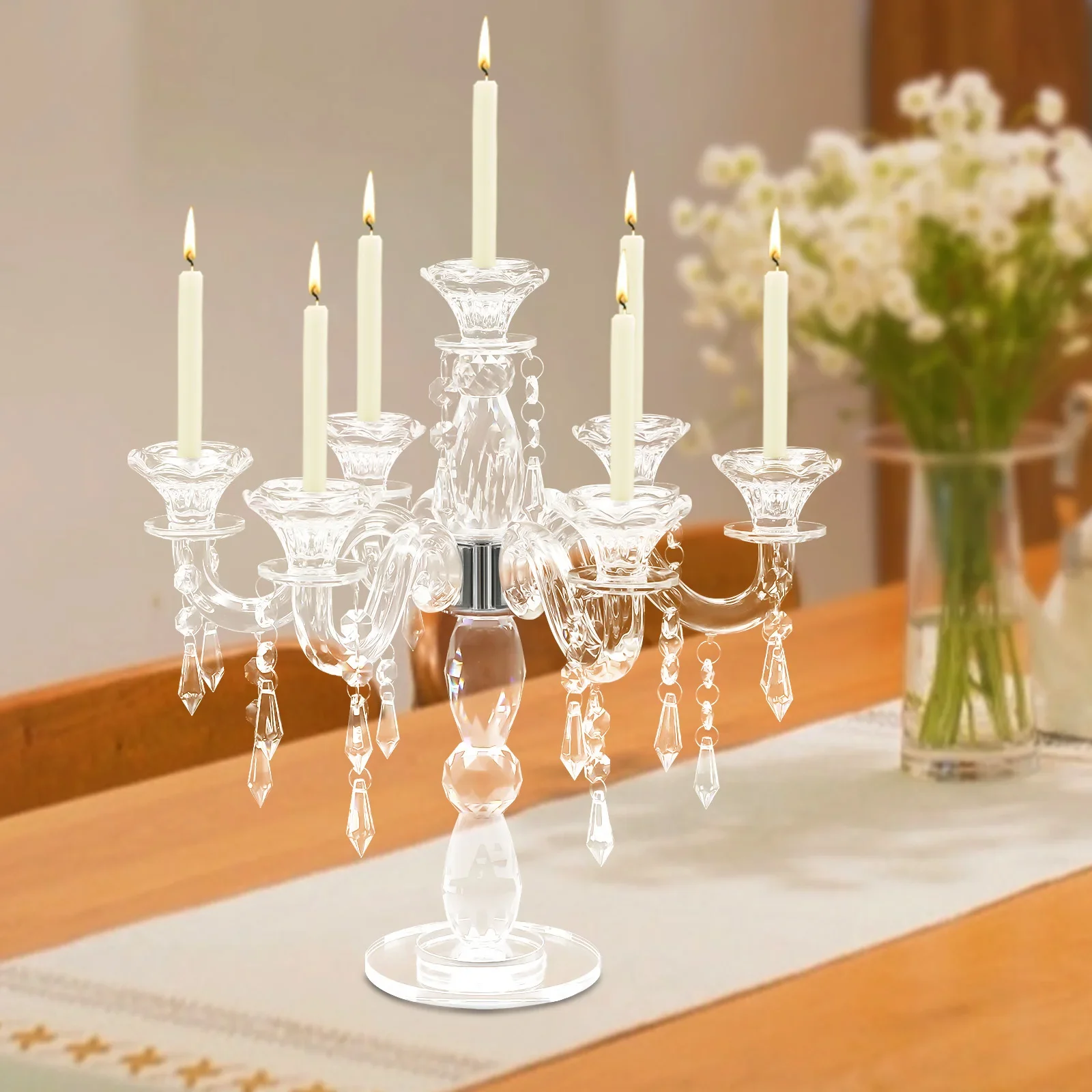 

7-Arm Clear Crystal Candelabra, Elegant Glass Candle Holder for Dining Table & Wedding Decor, Modern Centerpiece with 7 Branches