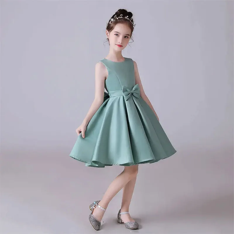 KYDYNQJ Customized Dress For Girl O-Neck Sleeveless Satin Bow Flower Girl Dresses Kids Short Birthday Formal Princess Gowns