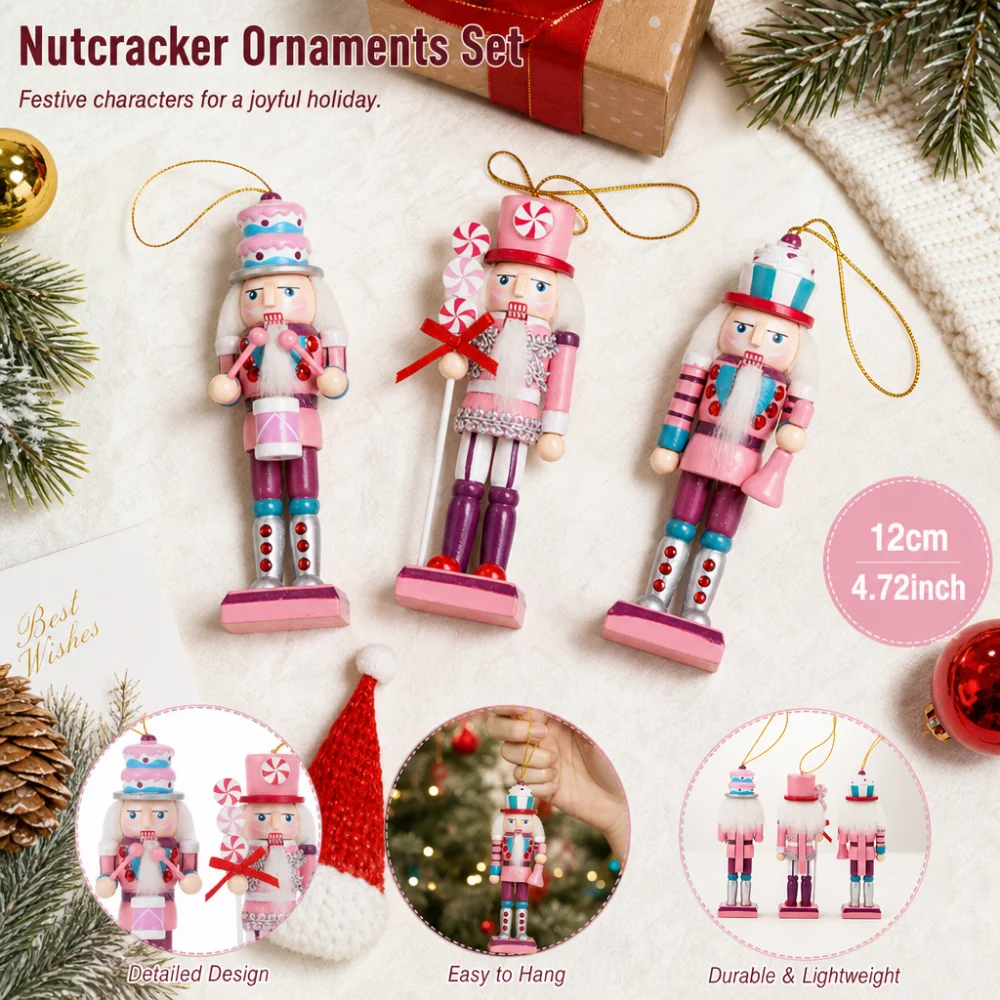 3Pcs/Set Nutcracker Puppet Wooden Handicraft Walnut Soldier Xmas Table Home Desktop Ornament New Year Merry Christmas Decoration