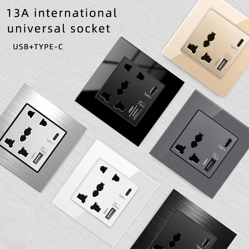 

International universal five-hole USB wall socket, 18W Type-c USB plug adapter,Smart Charging grey/black/white/gold AC110V-250V