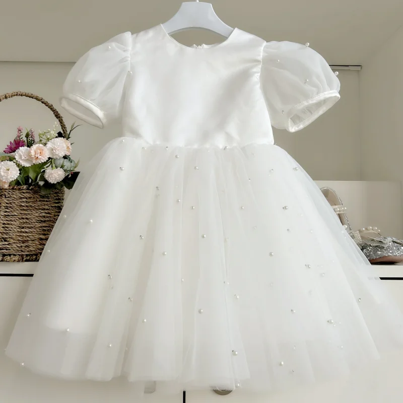 

Flower Girl Dresses White Tulle Pearls Shoulder And Skirt With Bow Short Sleeve For Wedding Birthday Party First Communion Gowns