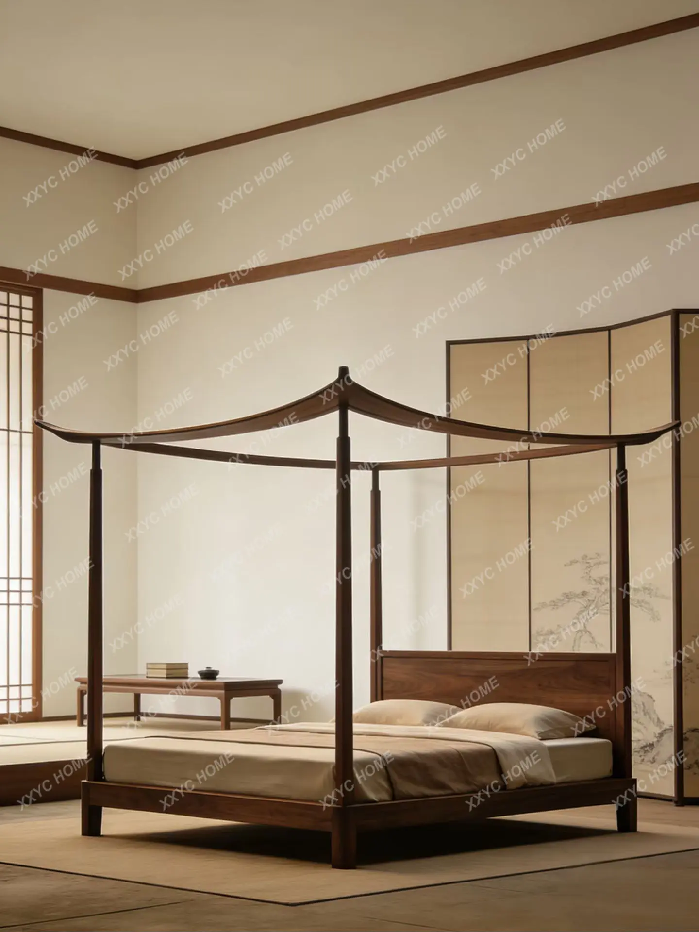North American black walnut shelf bed minimalist four-poster bed bedroom creative double solid wood bed