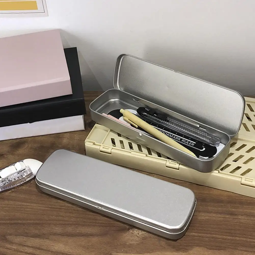 Rectangular Box Metal Hinged Storage Box Stationery Pen Pencil Makeup Brushes Cases Container Home Organizer 21.2x7.2x2.7cm