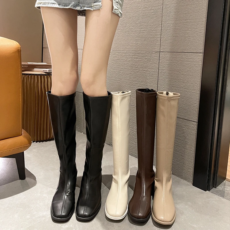 BKQU 2022 New Style with  Medium Chunky Heel Knight Boots Women's High Tube Thinner-looked High Heel Shorty Long Boots women