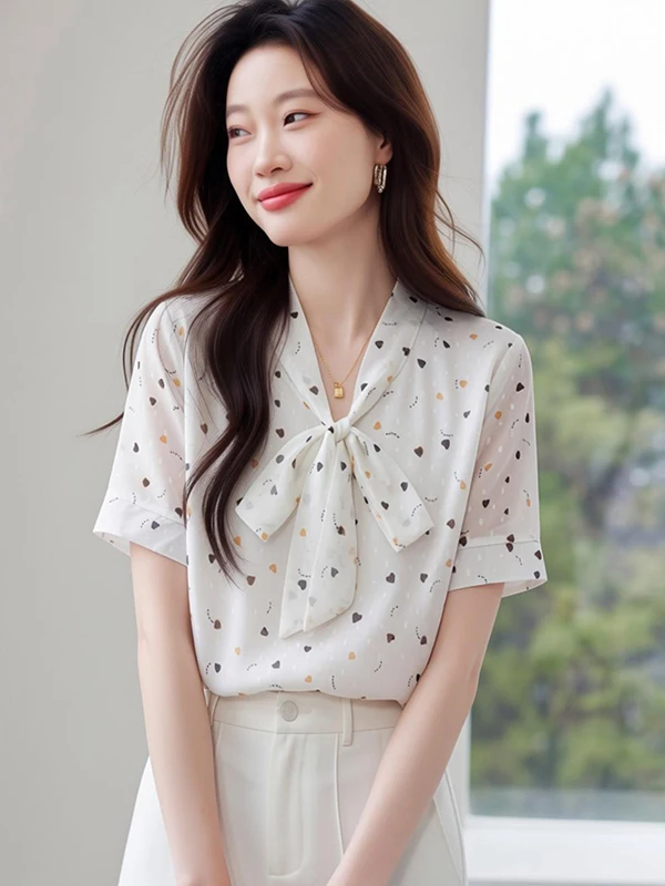 

Elegant Knot Loose Short Sleeve Women's Shirt Summer New Style Slimming Chiffon Top Fashionable Original Design Pol...