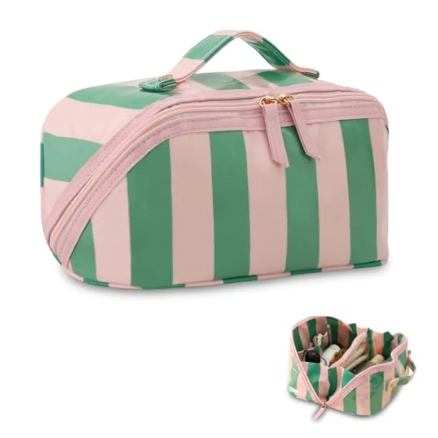 

Stripe Travel Makeup Bag with Compartments Clear Coated Cosmetic Bag for Women, Waterproof Portable Open Flat Toiletry bag