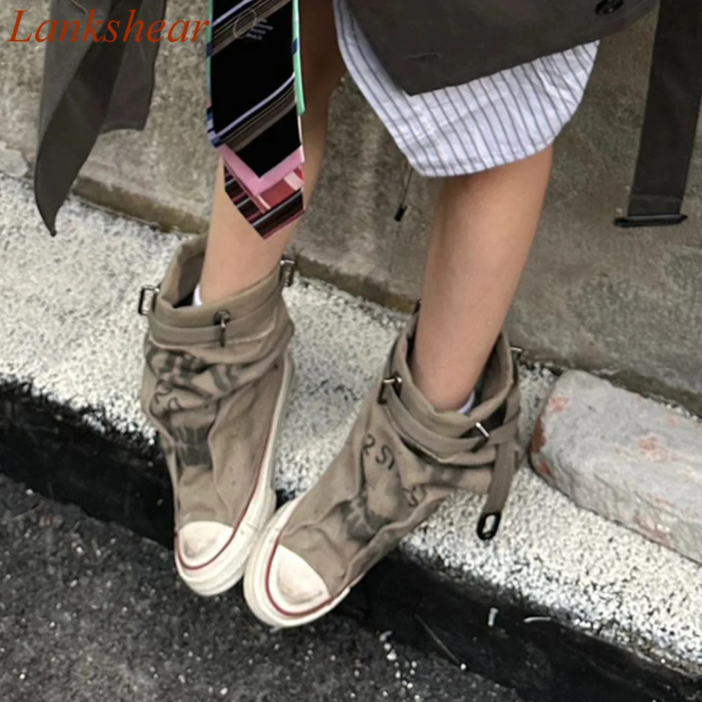 Round Toe Niche Design Women Boots Belt BuckleThick Sole Canvas Modern Party Fashion Sexy Mid Calf Women Shoes 2024 New Arrivals