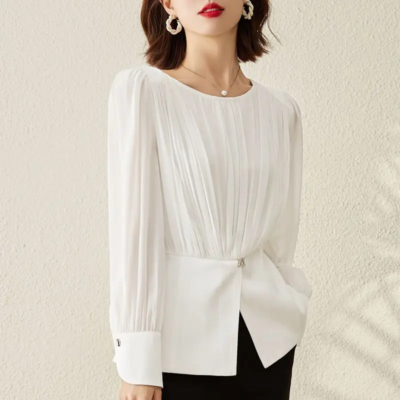 2024 Spring New Chiffon Shirt Women's Long Sleeved High End Design Pleated Round Neck Socialite Temperament Small Shirt