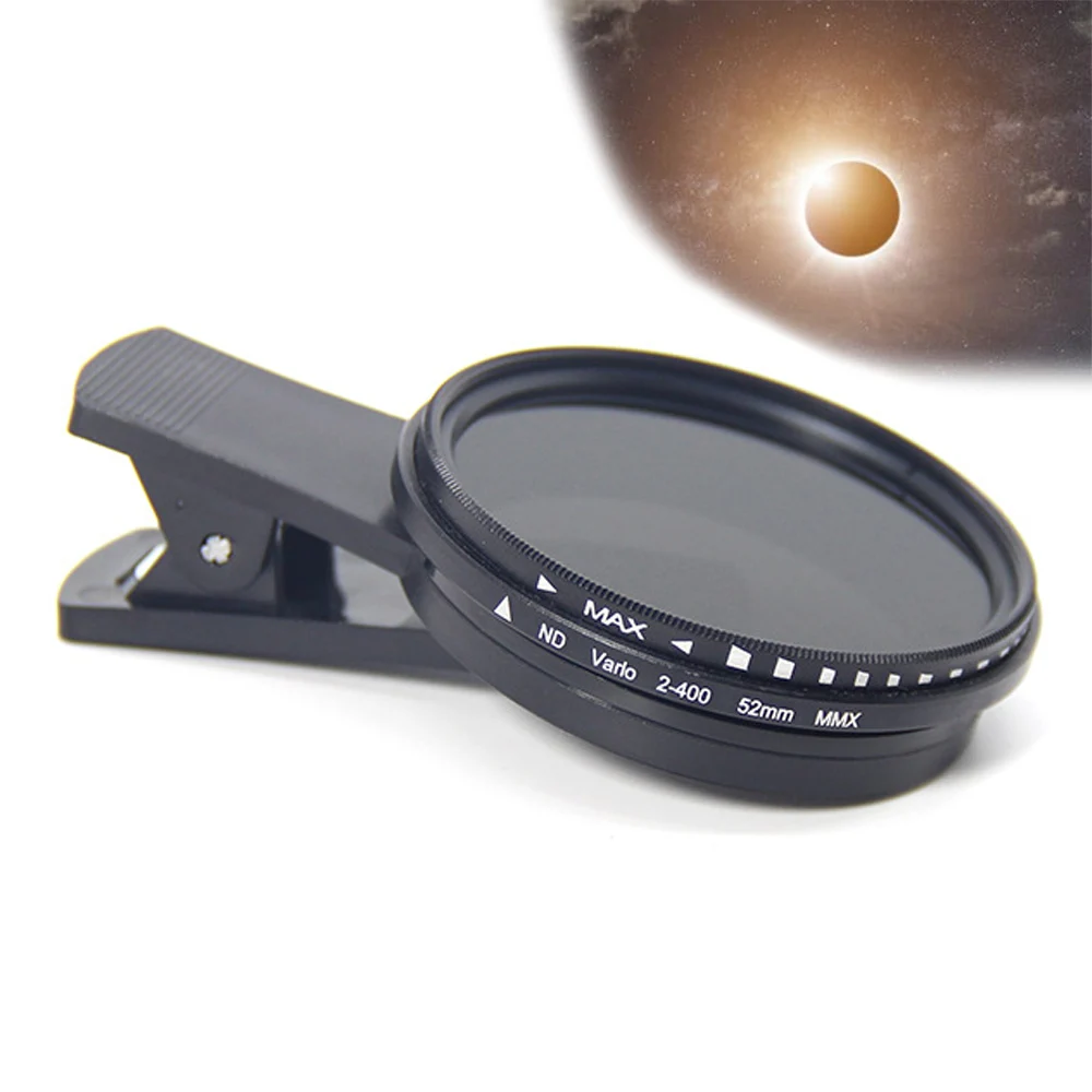 Variable ND Filter with Clip for Mobile Phone Adjustable ND2-400 52mm Solar Eclipse Camera Lens Neutral Density Filter