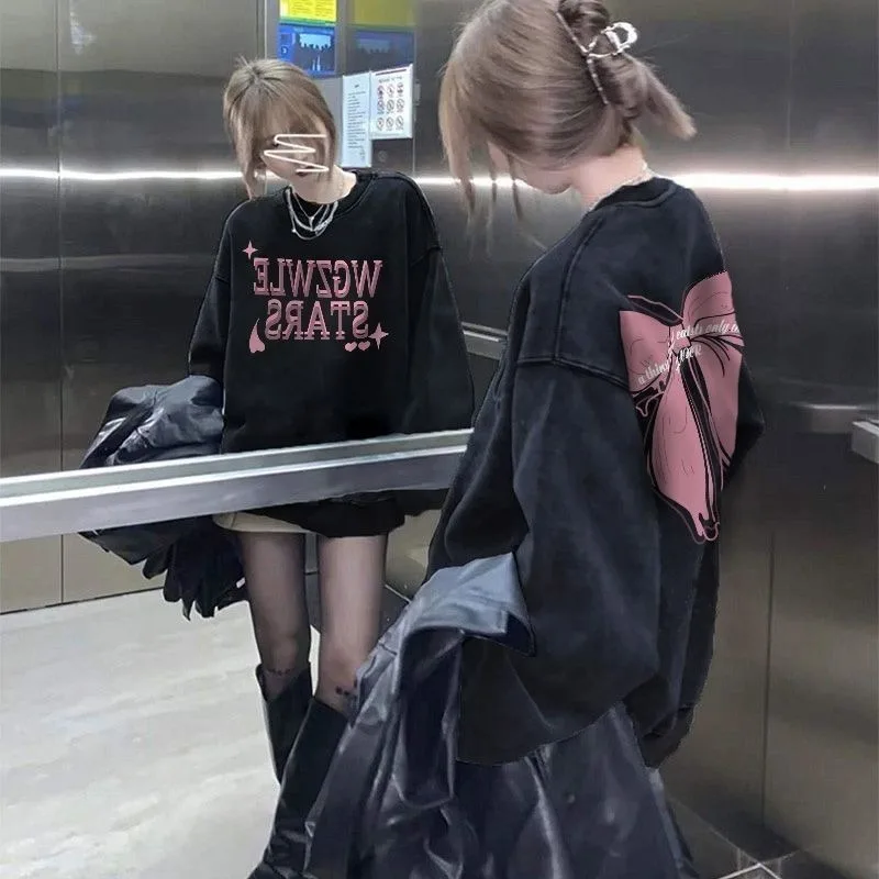 2025Women's Vintage large bow letter print Autumn Winter Hoodies Long Sleeved Round neck casual and simple Streetwear shirts