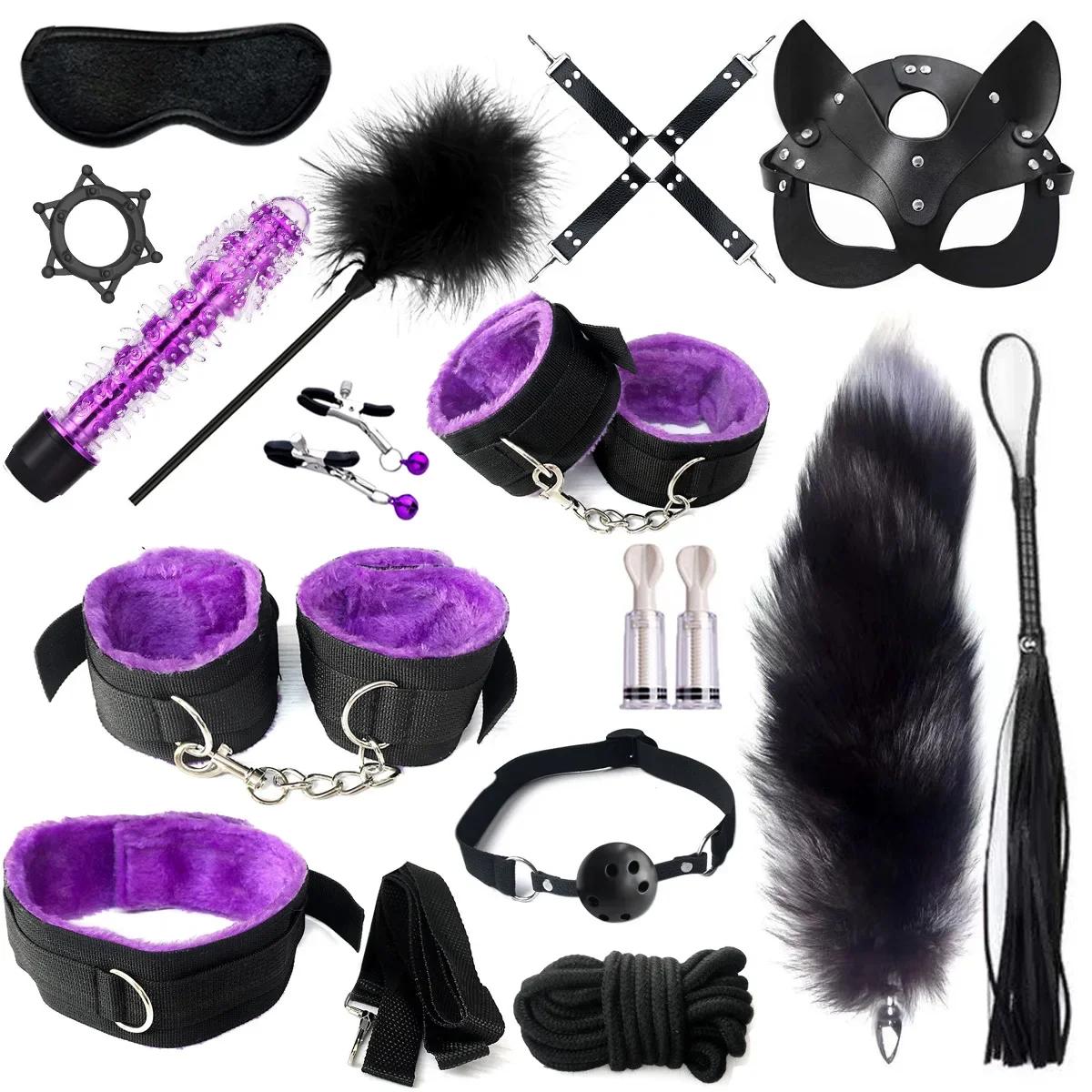 Adult BDSM Bondage Kits Games Nylon Eye Mask Neck Collar Handcuffs Gag Whip Nipple Clamps Vibrator Fox Tail Anal Plug Penis Ring