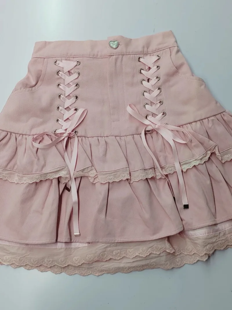 Japanese Rojita Style Sweet Cute Solid Color Lace-up Bow Mini Skirt Heart Buckle Ruffled High Waist Short Skirts Vintage Clothes