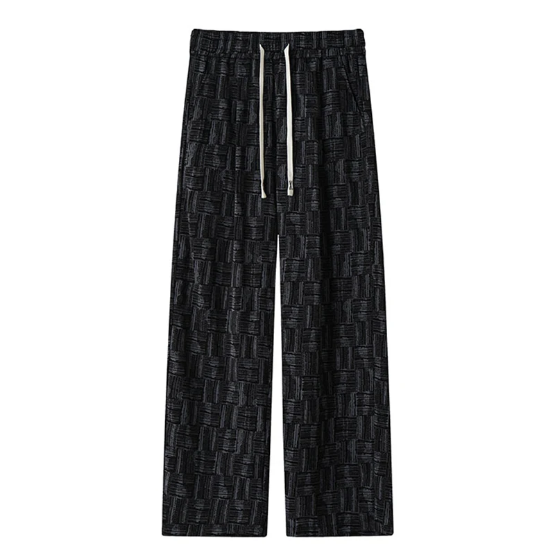

Men's fashionable trend of matching solid color casual pants drawstring striped plaid loose straight pants for couples dating