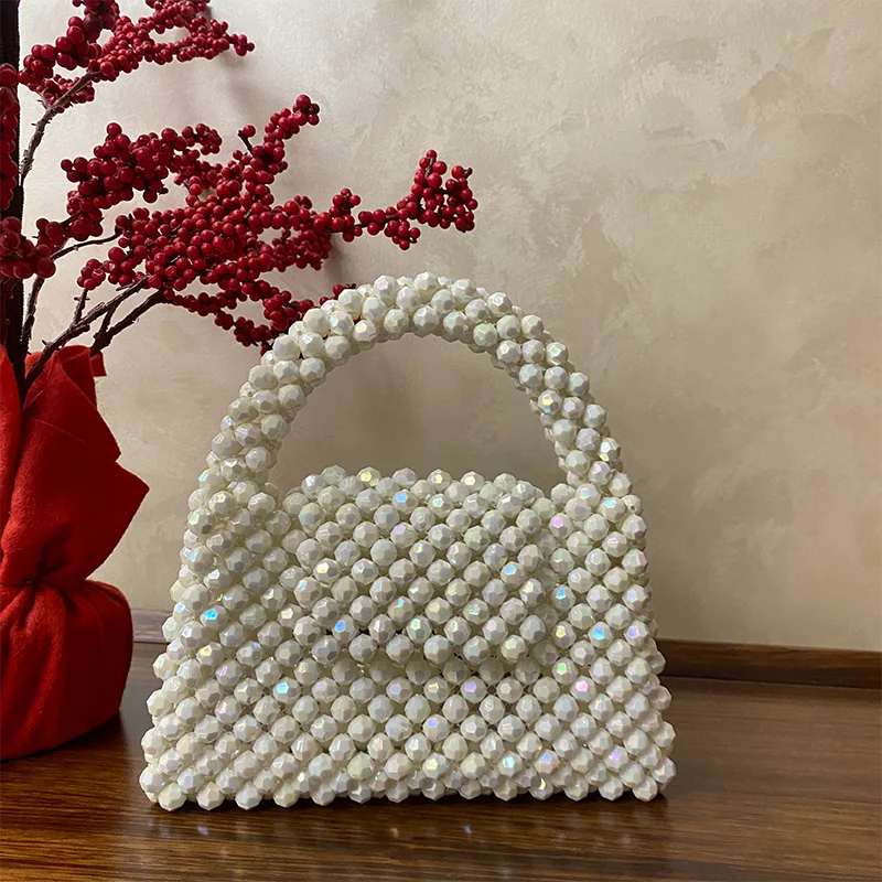 Bling Bling Beads Bags Handmade Woven Beaded Women\'s Fashion Design Handbag Customized Acrylic Stone Ladies Party Clutch 2023