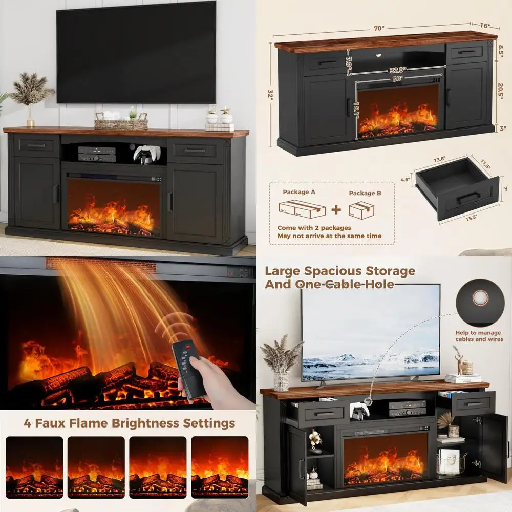 Centro de entretenimiento con chimenea eléctrica para televisores de 70 a 80 pulgadas, soporte para TV estilo granja de 32 altos con fuego eléctrico
