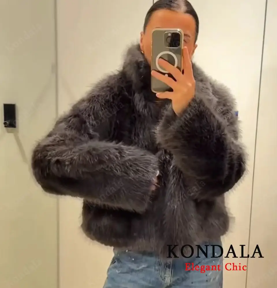 KONDALA الوقوف طوق الفراء سترة المرأة خريف شتاء أنيقة عادية فو الفراء سترة معطف 2025 موضة شارع العليا معطف السيدات