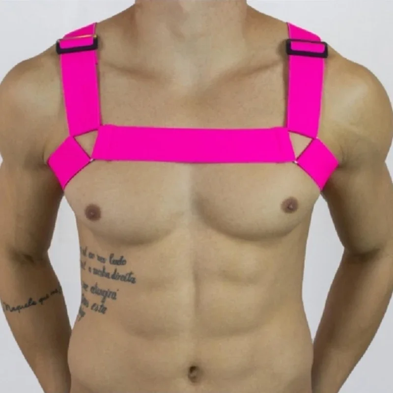 Fluorescent Color Male Elastic Band Harness Men Sexy Shoulder Straps Chest Bondage Muscle Club Party Hollow Costume XS3468
