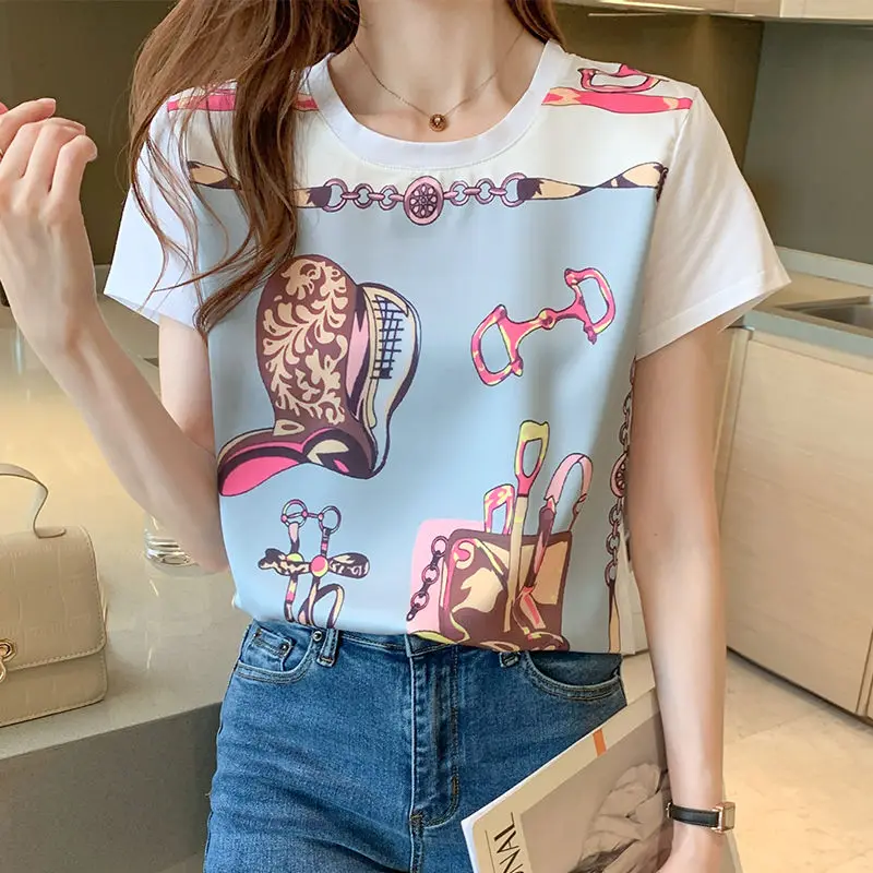 Young Style Casual Summer Printing Women\'s Pure Cotton Round Neck Short Sleeved Loose Fitting Fashion Comfortable T-shirt Tops