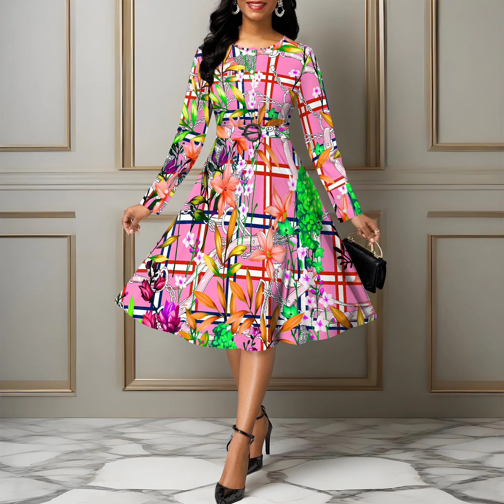 

Women's Summerl Flower Print Fall Fashion Printed Long-sleeved Crew Round Neck Causl Dress Midi dresse With Belt