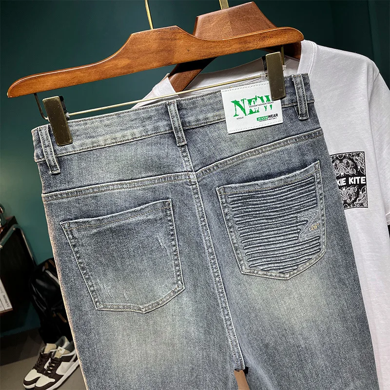 Young Men's Jeans Stretch All-Matching Loose Straight Casual Spring and Summer Street Fashion Pu Shuai Retro Trousers