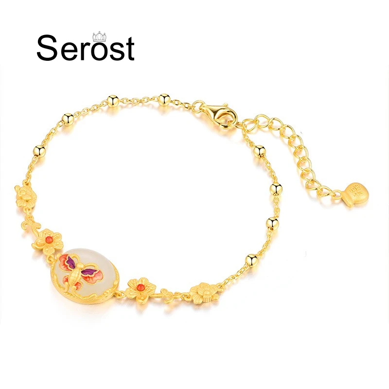 SEROST S925 Silver Inlaid Natural Hotan Jade Bracelet Female Butterfly Love Flower Simple Design Handwear