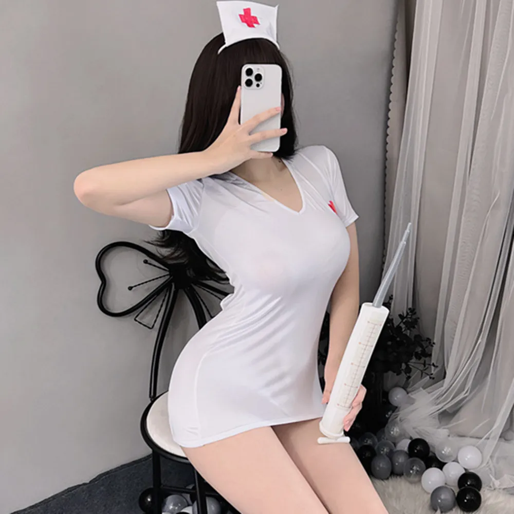 أزياء عارية الذراعين فستان لعب الأدوار ممرضة الاباحية ازياء ممرضة فتاة فستان أبيض موحدة ليلة نادي الجنس تأثيري ارتداء